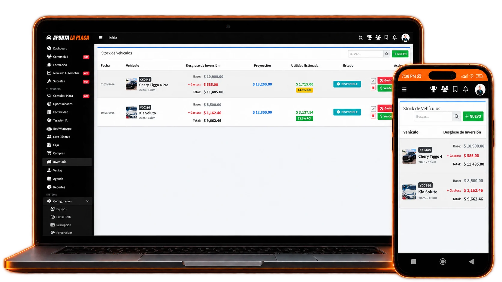 Inventario de vehículos en laptop y celular