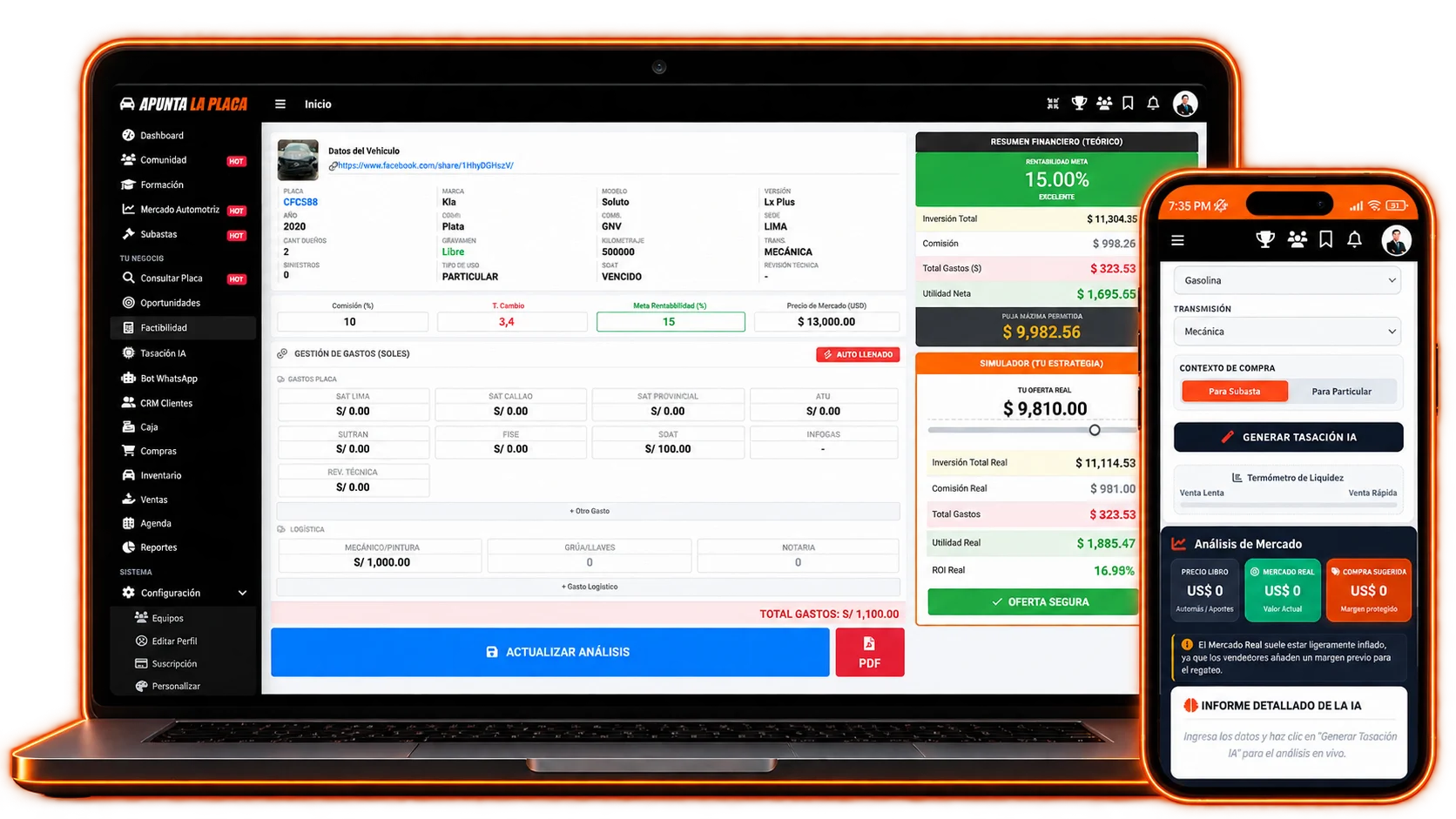 Calculadora de factibilidad en laptop y tasación con IA en celular
