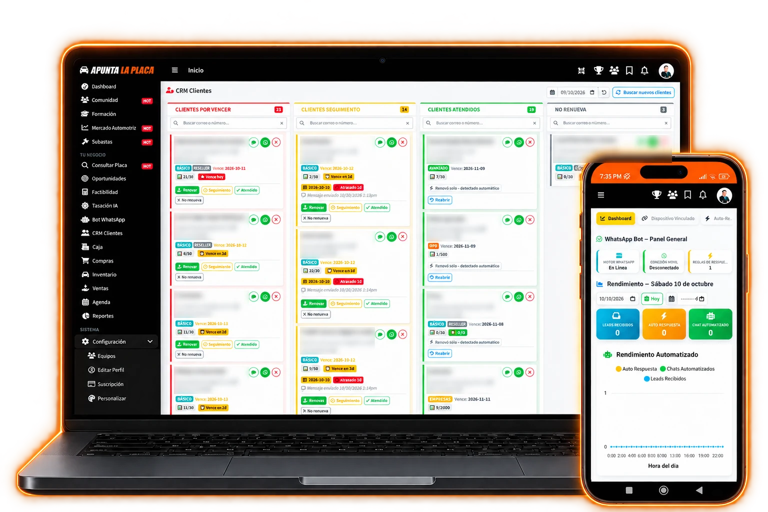 CRM de clientes en laptop y panel del bot de WhatsApp en celular